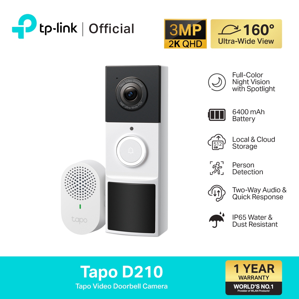 TP-Link Tapo D210 Video Doorbell Camera กริ่งประตูอัจฉริยะ กล้อง 2K ภาพสีคมชัดตอนกลางคืน IP65 สื่อสารได้ 2 ทาง ประกัน1ปี