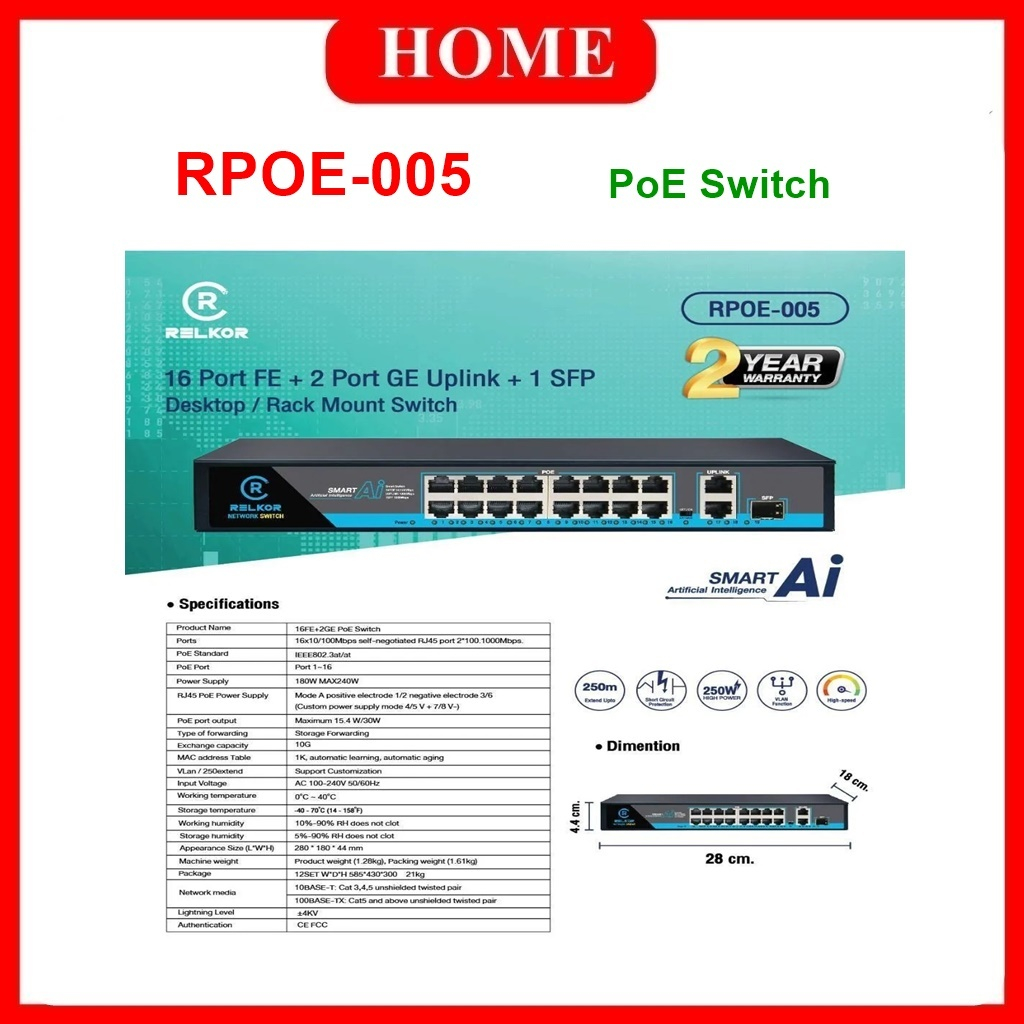 Glink RPOE-005 Smart POE Ai 16 Port ต่อได้ระยะไกลสูงสุดถึง 250 เมตร