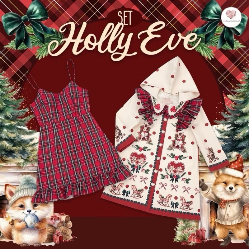 ของใหม่ป้ายห้อย Size M Holly Eve Setเซ็ต2ชิ้นเดรสผ้าทอสก็อตสายปรับได้+เสื้อคลุมโอเวอร์โค้ทมีฮู้ดพิมลายผ้าเปเป้กระดุมหน้า