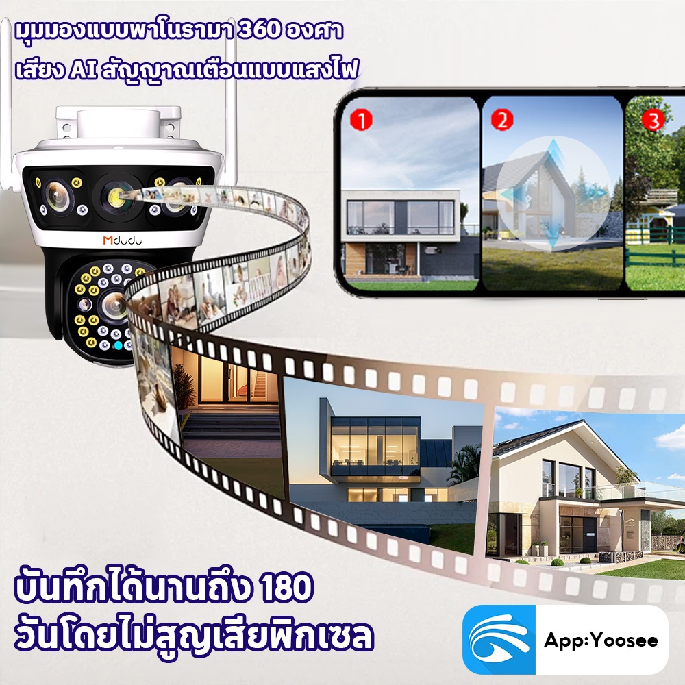 Mdudu YOOSEE กล้องวงจรปิด แสดงภาพพร้อมกัน3หน้าจอ กันน้ำIP67 ระบบการแจ้งเตือน กลางคืนภาพสี ติดตั้งง่าย กล้องวงจรปิดไร้สา