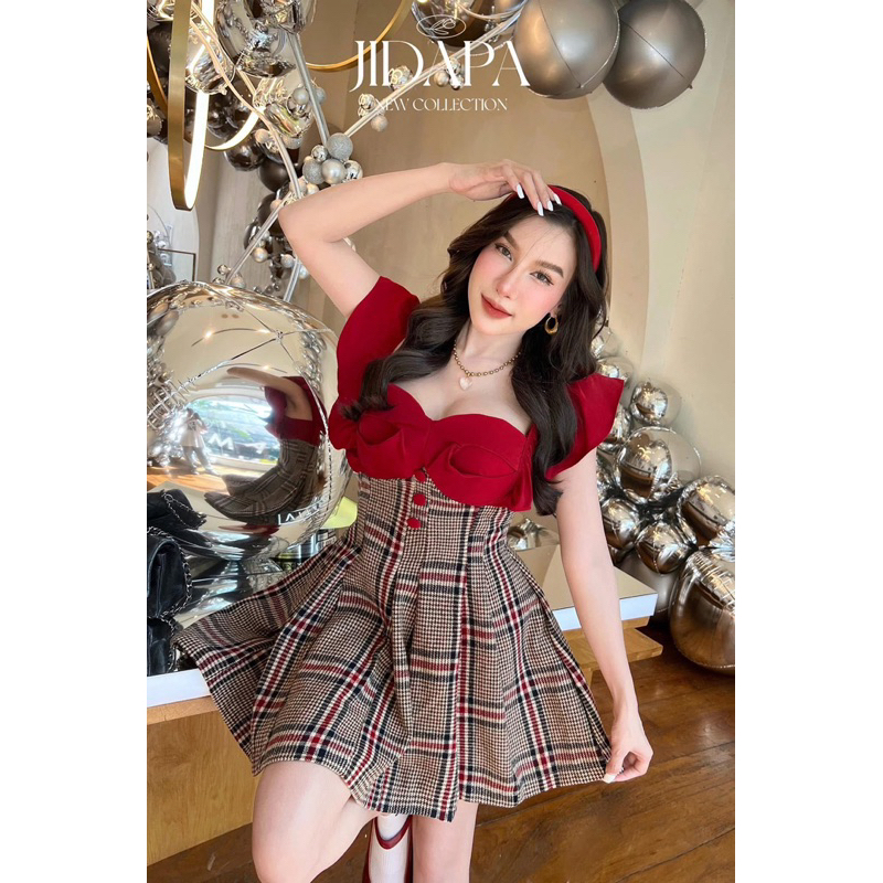 Jidapa style เดรสแดงกระโปรงสก็อต❤️ไซต์ XL