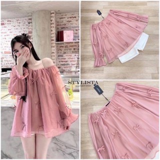 Stylista เซตเสื้อเปิดไหล่ แขนยาว มาพร้อมกางเกงขาสั้น ผ้าทวิต…