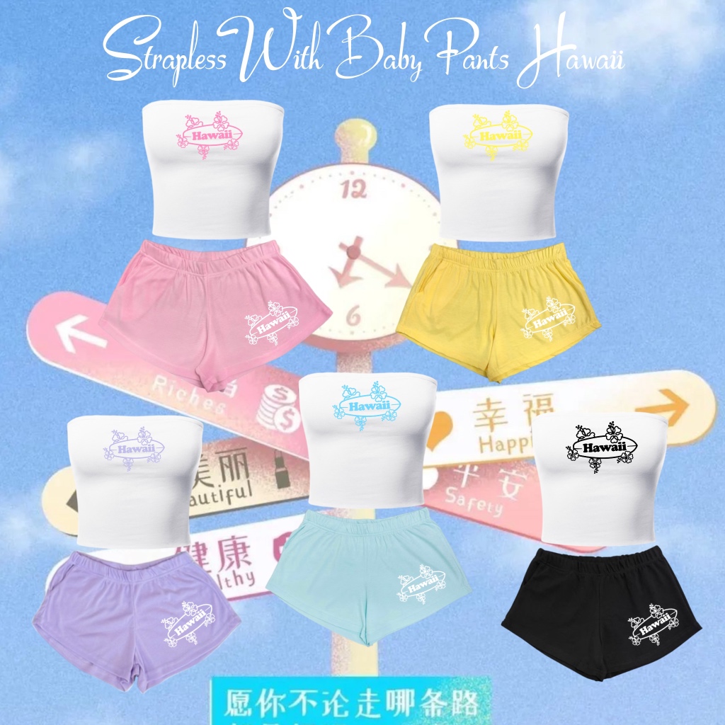 ชุดเซ็ต 2 ชิ้น เกาะอกชบา+กางเกงชบา Hawaii  ใส่ไปทะเล รุ่น Strapless With Baby Pants Hawaii Surf Board