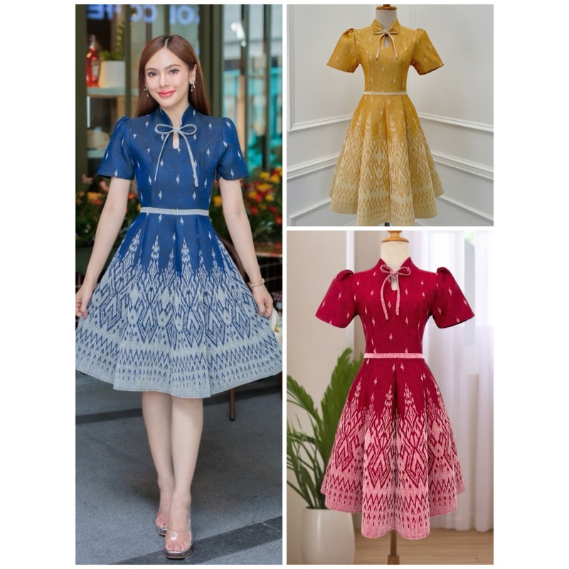 สุพรรณษาเดรสผ้าไทยผ้าทอลายนาคราชสีแดง สีเหลือง สีกรม แต่งคอปีนมีโบว์ กระโปรงบานทรงย้วยต่อ8ชิ้น อัดกาวทั้งชุด Dress