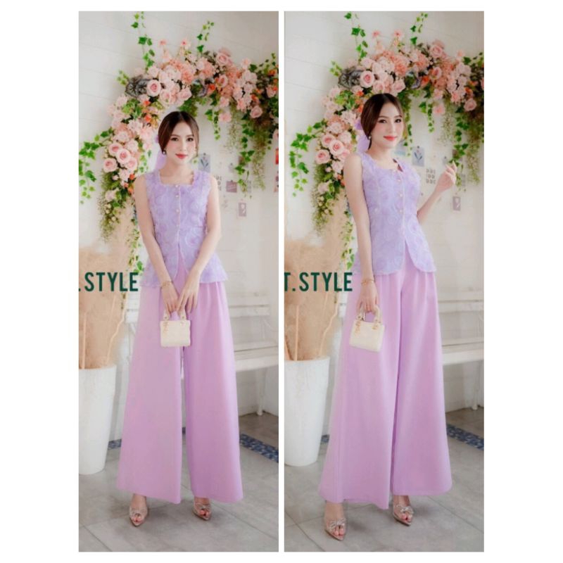 (L) พร้อมส่ง ชุดเซท 2 ชิ้น เสื้อแขนกุดดอก3Dสีม่วงกับกางเกงขายาวสีม่วง งานป้าย MT.Style แท้ มือ1 ป้ายห้อย