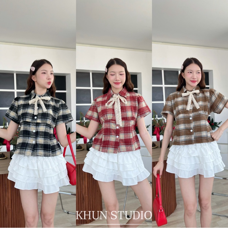 Mona คอปกลายสก๊อตขนวูลแต่งโบว์หน้า khun