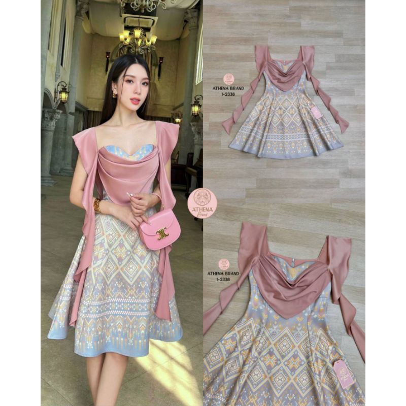 Athena Mini Dress พิมพ์ลายทรงเจ้าหญิงดีไซน์ตัดต่อผ้าแต่งระบาย