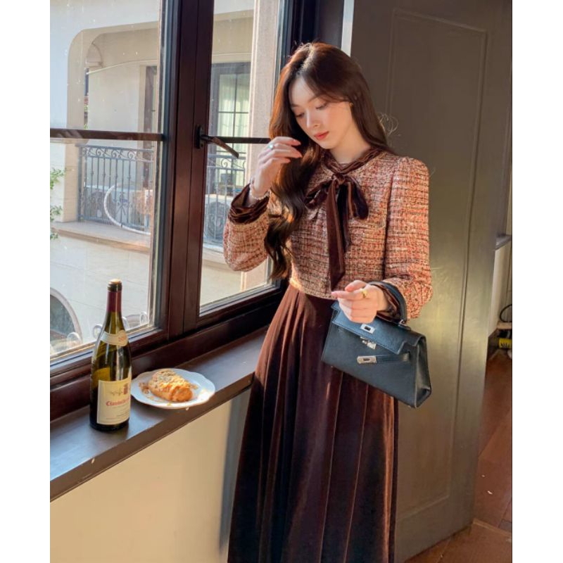 เดรสยาวทวีตงานไฮเอนด์ นำเข้าสไตล์เกาหลี เรียบหรู M-XL