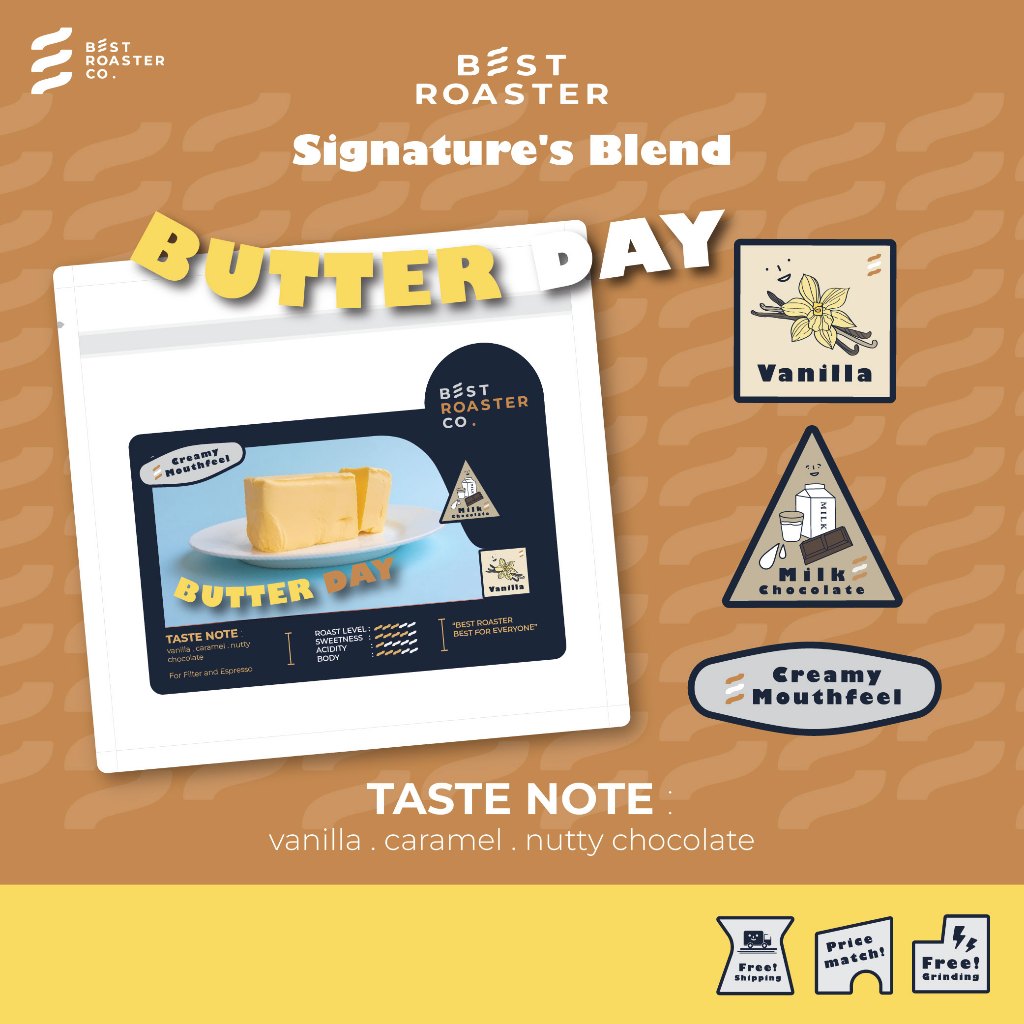 เมล็ดกาแฟคั่วกลาง BUTTER DAY กาแฟหอมกลิ่นวนิลา บัตเตอร์ บอดี้นุ่มละมุน