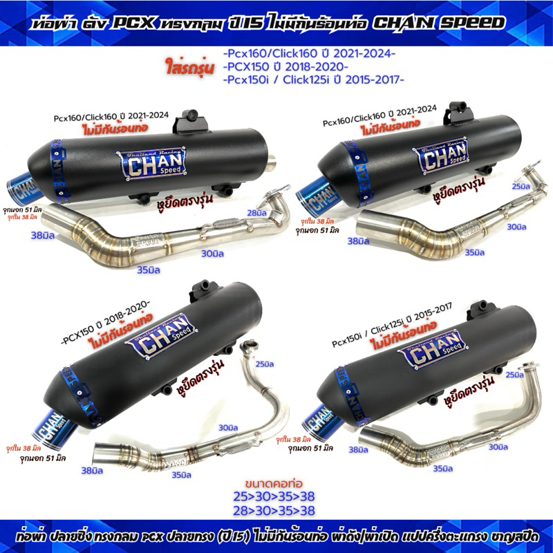 ท่อผ่าดัง Pcx ทรงปี 2015 ใส่รถ PCXปี 15-24 ไม่มีกันร้อนท่อ จุกกรวย งานชาญสปีดู Pcx15-17/ Pcx2018 / P