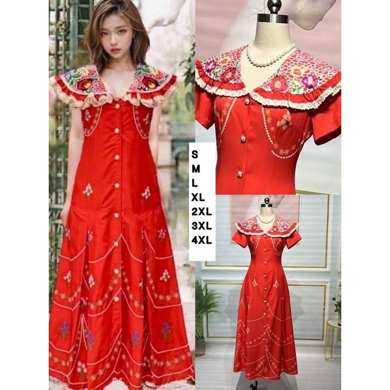 (s,m,l,2xl,3xl) เดรสยาว สีแดง พิมพ์ลาย คอปกวินเทจ งานป้าย ananya