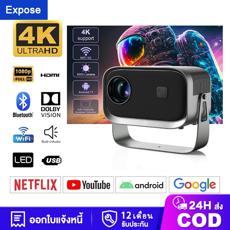 โปรเจคเตอร์ projector WiFi โปรเจคเตอร์มินิ โปรเจคเตอร์ดูหนัง 4K UHD รองรับการแชร์หน้าจอมือถือ