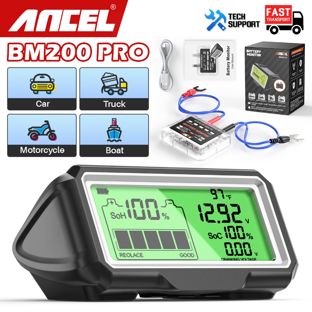 ANCEL BM200 PRO 12V รถแบตเตอรี่เครื่องทดสอบความจุ LED กันน้ำจอแสดงผลแบตเตอรี่เครื่องวิเคราะห์สุขภาพ