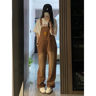 พร้อมส่ง! ส่งไว เอี๊ยมยีนส์ขายาวสีน้ำตาล สไตล์วินเทจ ขากว้าง