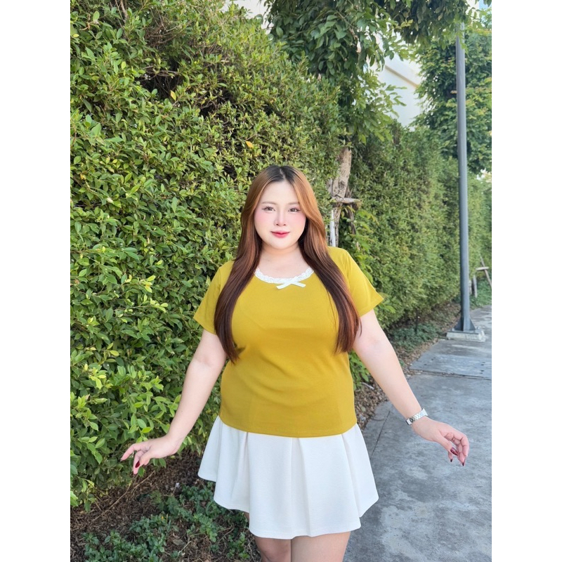 ย 72ใหม่ เสื้อยืดคอยูลูกไม้แต่งโบว์ ผ้าคอตตอนยูนิพรีเมี่ยมใส่สบาย XXL