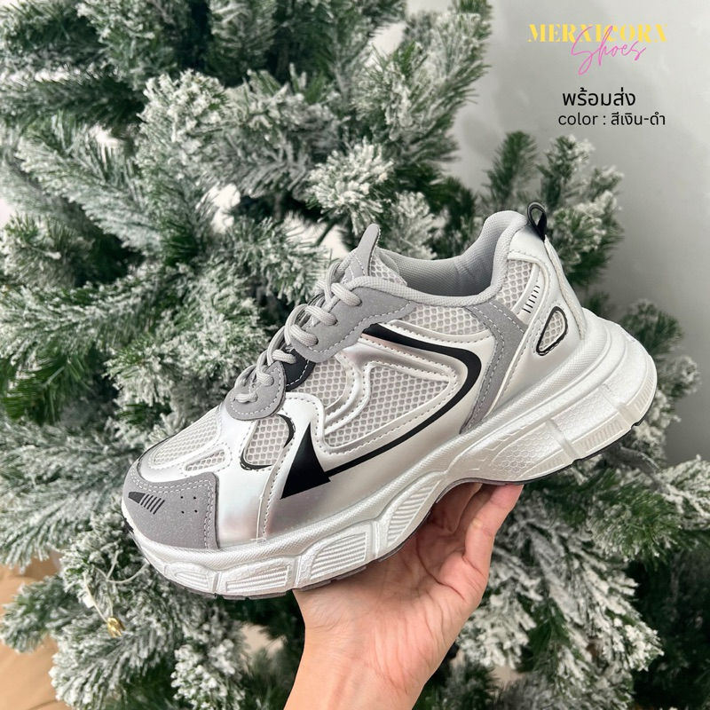 (พร้อมส่ง!) 🦄รองเท้าผ้าใบสีเงินดำ เงินชมพู🥹 ถูกมาก!! รุ่น บรูโน่ mernicornshoes