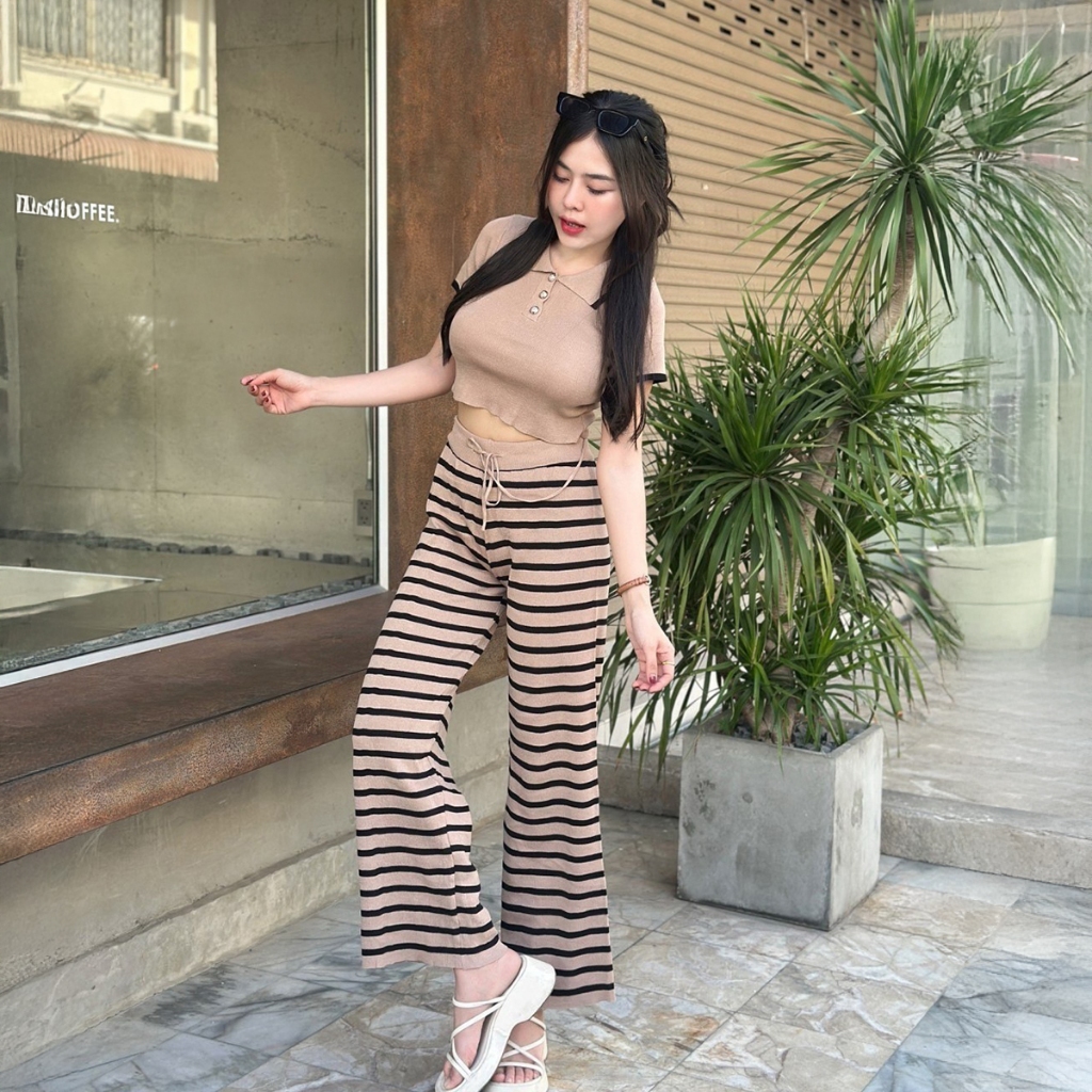 🌈SpinnyHouse🌈ชุดเซ็ต2ชิ้น ผ้าไหมพรม งานเสื้อครอปคอกลมแขนสั้น + กางเกงขายาวเอวยางยืด 🫧 ทรงสวยใส่ง่าย รุ่น ตั้งครรภ์