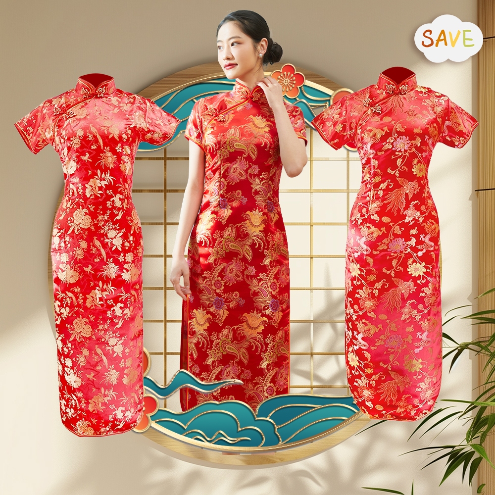 กี่เพ้ายาว Qipao 2026 ชุดกี่เพ้าตรุษจีน ชุดยาวหญิงผู้ใหญ่ เสื้อกี่เพ้า สีแดง คอจีน มีซิปข้าง ตรุษจีน