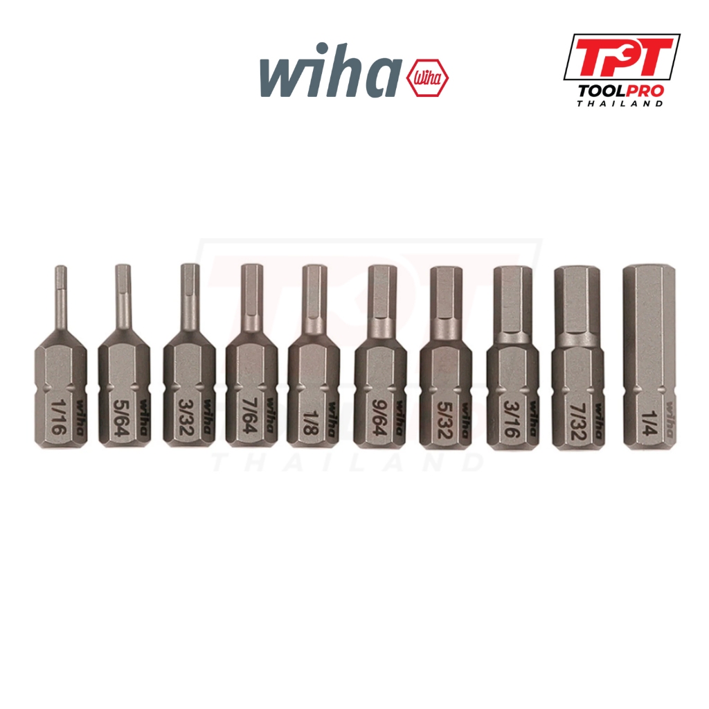 Wiha ชุดดอกไขควงหกเหลี่ยม *หน่วยนิ้ว* 10 ชิ้น, H1/16" - H1/4" x 25mm, Imperial Hex Bit Set (72596)