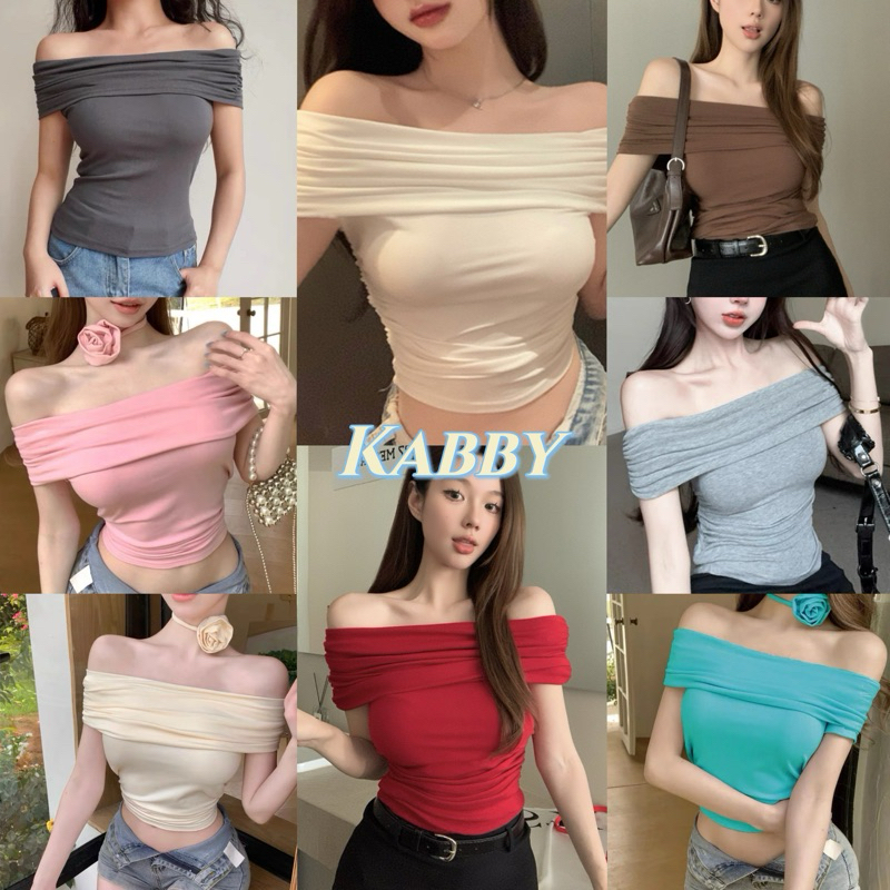 พร้อมส่ง🎀 เสื้อยืดแขนสั้นปาดไหล่ เข้ารูปน่ารักมีหลายสี