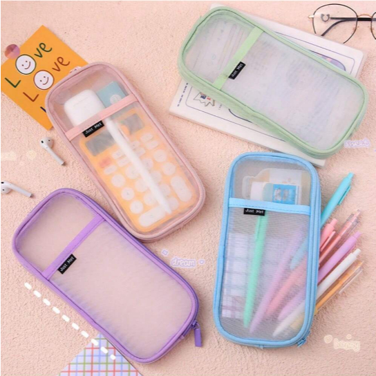 Net Yarn Simple Double -layer ขนาดใหญ่ -ถุงปากกาความจุ, กล่องเครื่องเขียนแบบโปร่งใสของนักเรียน