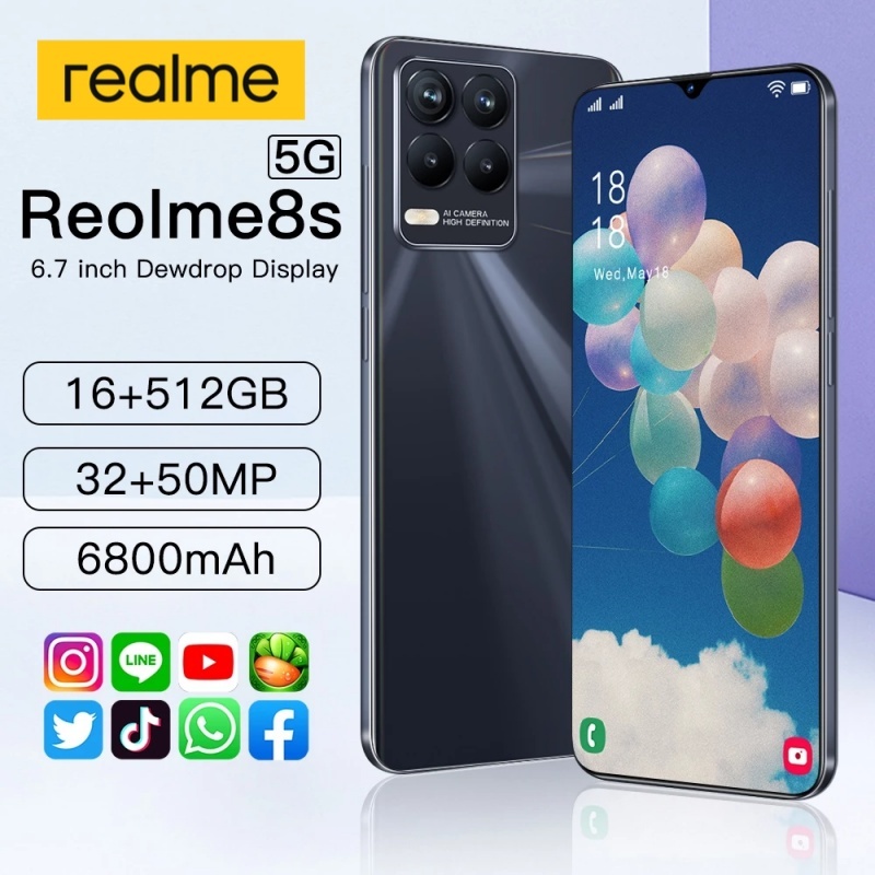 โทรศัพท์มือถือ Real8s แรม16GB รอม512GB รองรับ2ซิม รองรับแอพธนาคาร รองรับการจดจําใบหน้า 6.7นิ้ว หน้าจอเต็ม โทรศัพท์ถูกๆ