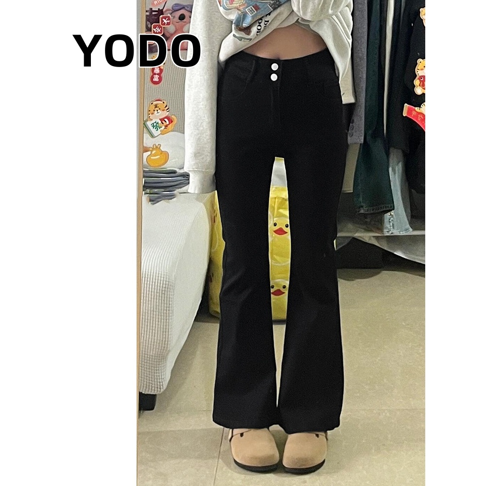 YODO กางเกงยีนส์ขาม้า ยืดหยุ่น สีดำปลายขาบาน ปรับปรุงรูปร่างลูกแพร์ V104