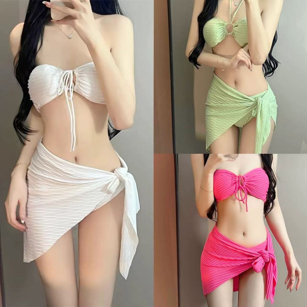 🌸Swift Bra🌸Sexy bikini ชุดว่ายน้ำผู้หญิงสไตล์เกาหลี ชุดบิกินี่ 3 ชิ้น คล้องคอ ผูกเอว ทรงเข้ารูป ผ้านุ่มใส่แล้วเซ็กซี่มาก