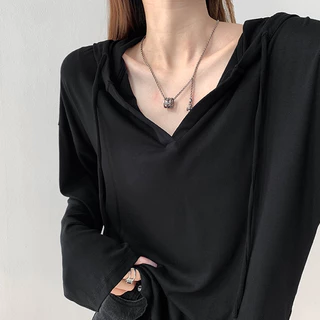 Beryl เสื้อยืดแขนยาวมีฮู้ดสไตล์ขี้เกียจสำหรับผู้หญิง เสื้อหลวมและหลากหลาย สไตล์เกาหลี