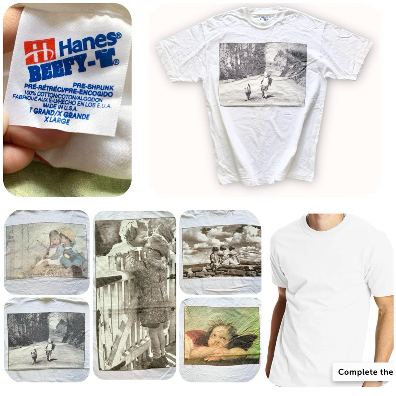 LU26 | Hanes Beefy ของแท้ ไม่มีตะเข็บข้าง เสื้อยืดคอกลมแขนสั้น สีขาว สกรีนลาย Made in U.S.A. เซลตำหนิ