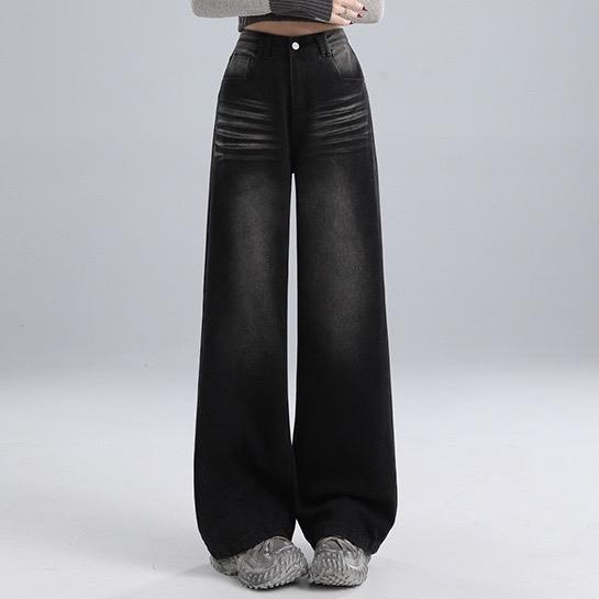 (XS-6XL) jinjeans กางเกงทรงกระบอกสีดำฟอก แต่งเฟดหนวดแมวแบบพิเศษ ยาว 40-41 นิ้ว (6622ดำ) เสื้อผ้า ผู้หญิง Clothing ยีนส์