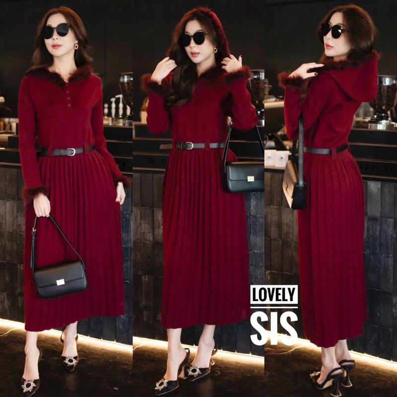 Knit Hood Fur Long Sleeve Patch Pleat Long Skirt Maxi Dress