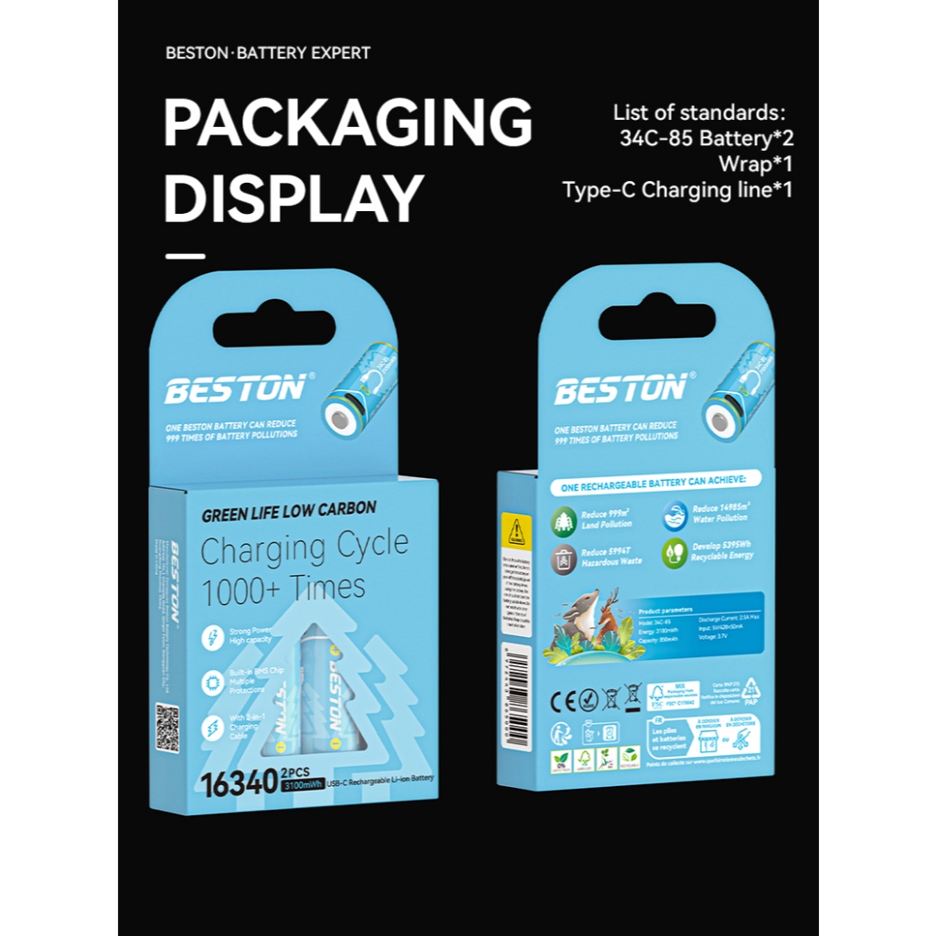 ถ่านชาร์จ BESTON 850 mAh 16340 3.7V RCR123A 2 ก้อน  Li-ion High Capacity USB Micro Fast Charge Rechargeabl