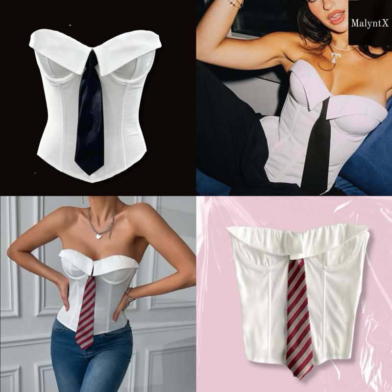 💗ส่งจากไทย💗 Necktie Corset เสื้อคอร์เซ็ท สีขาว แต่งเน็กไท มีโครง เสื้อสายฝอ เซ็กซี่ #CT18