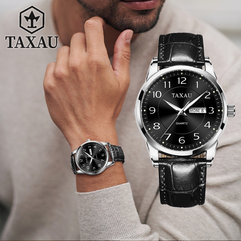 TAXAU นาฬิกาผู้ชาย กันน้ำ 100% แท้ ปฏิทิน ส่องสว่าง นาฬิกาผู้ชายสายหนัง ระบายอากาศ สไตล์ธุรกิจ นาฬิกาข้อมือ