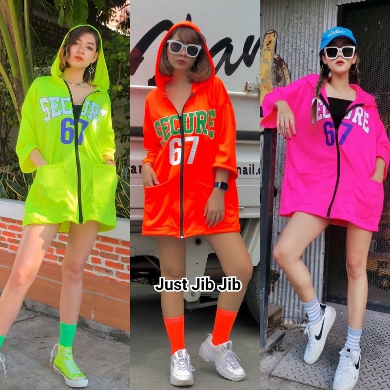 เสื้อนีออน/ เสื้อคลุม กึ่งเดรส มีฮู้ด สีนีออน