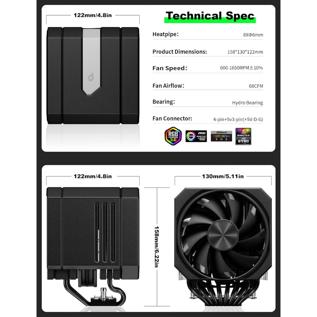 ฮีทซิงค์ระบายความร้อนซีพียู / upHere - UP2 CPU Air Cooler 8Pipes with ARGB, Dual Fans & Heatsinks