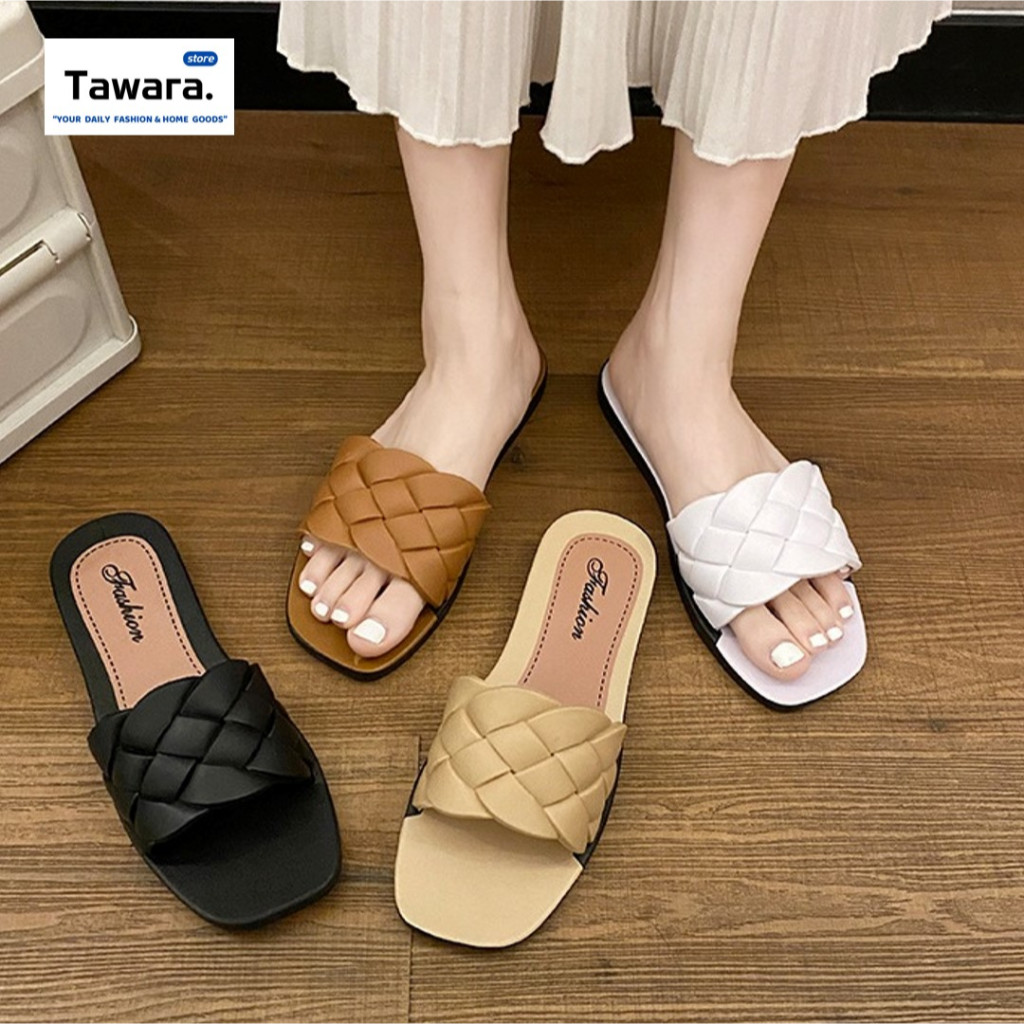 SE-093 รองเท้าแตะแฟชั่น รองเท้าแตะผู้หญิง แบบสวม สายคาดถักแถบกว้าง เก๋ๆ สีพื้น เรียบ หรู ใส่เที่ยว ใส่ทำงาน