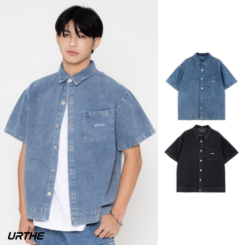 URTHE - เสื้อเชิ้ตยีนส์ เเขนสั้น สีฟอก รุ่น BASIC DENIM SHIRT M