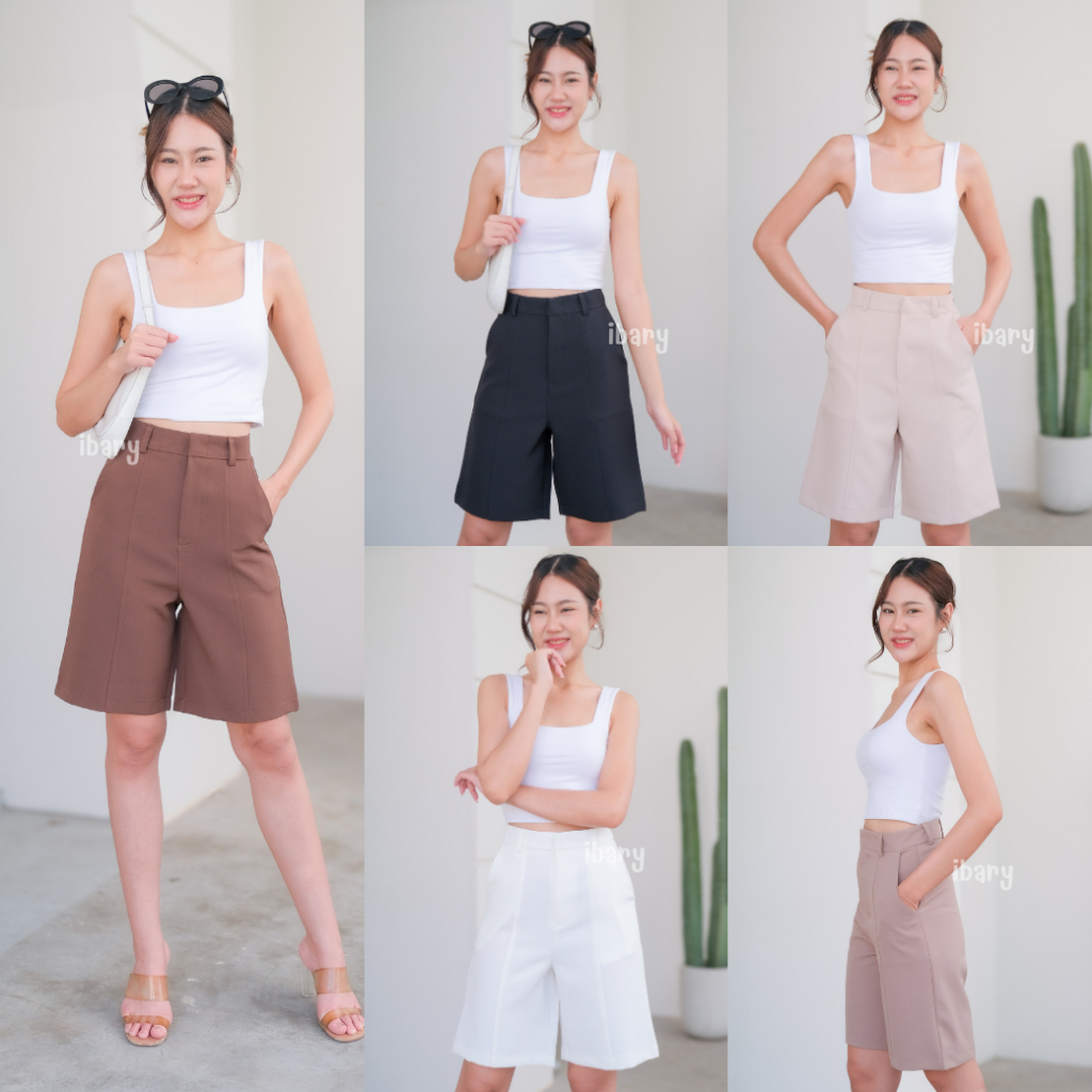 กางเกงผ้าไมโคร 4 ส่วนซิปหน้า ความยาว21.5นิ้ว แต่งเกล็ดหน้า มีหูกางเกง ป้ายi-bary