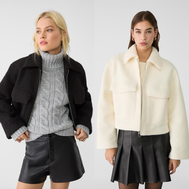 (ของแท้ ) Stradivarius boucle jacket with pockets แจ็คเก๊ทซิปหน้า มี 2 สี