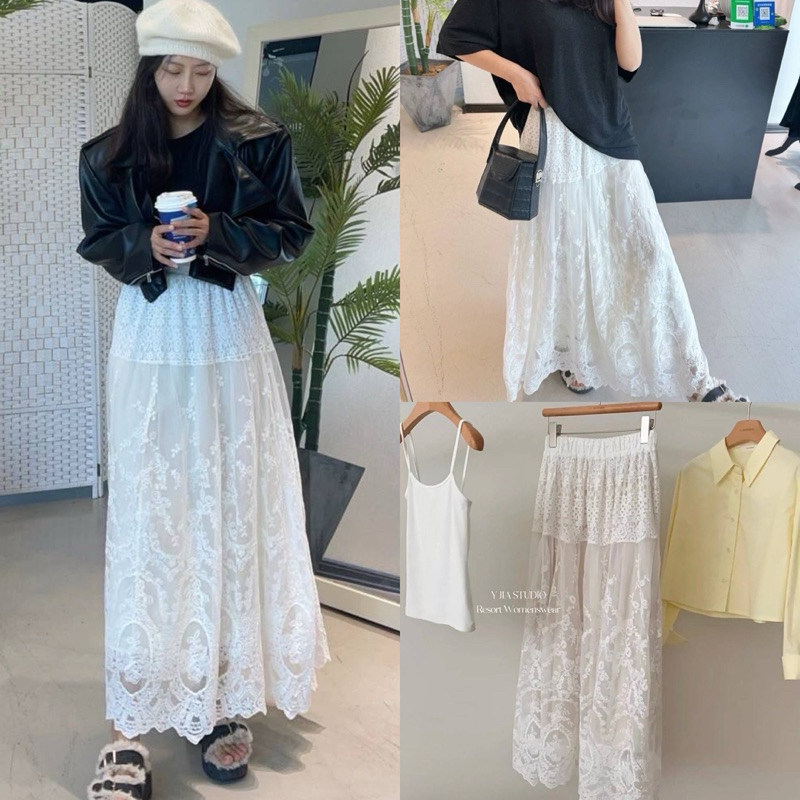 กระโปรงผ้าปักลูกไม้ตาข่าย งานสวยมาก เอวยืดงานนำเข้ามีซับใน เอว 34-40“ ยาว 35-36 สะโพก 30-52” / สีขาว