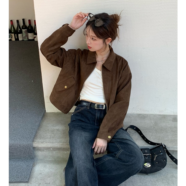 (พร้อมส่ง) Clothestoryy - WG.WE Retro Lapel Jacket แจ็คเก็ตครอป สีน้ำตาล หนังนิ่ม