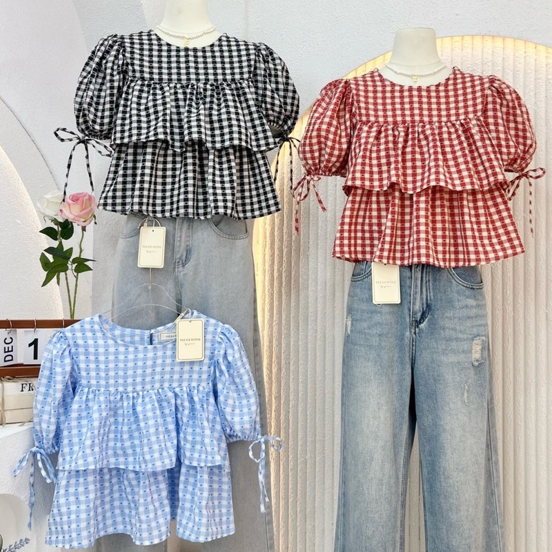 Pee ka nong เสื้อแต่งระบาย แขนพองผูกโบว์ที่แขน