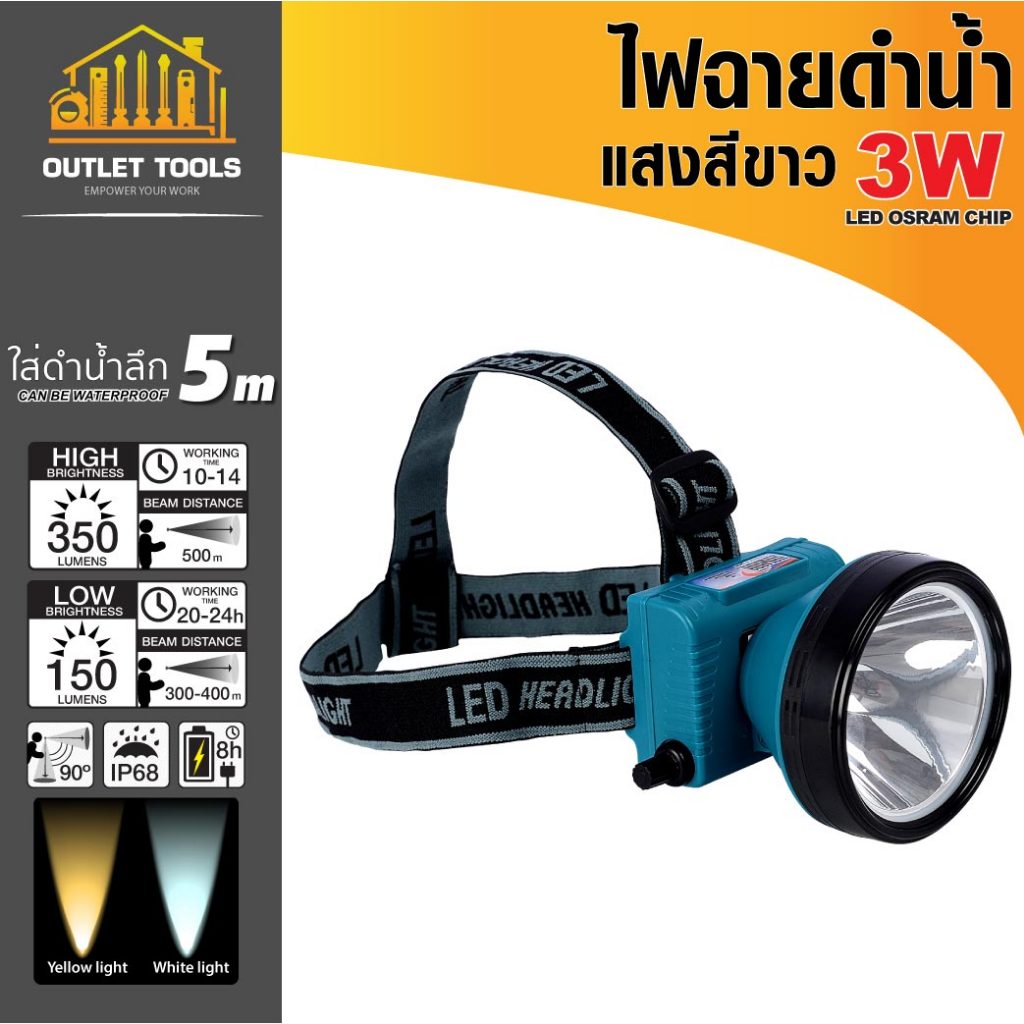 ไฟฉายดำน้ำ แสงสีขาว รุ่น RW350 ไฟสว่างเป็นพิเศษด้วย LED 3W สว่างสูงสุด 3