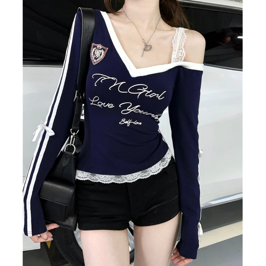 เสื้อยืดผู้หญิง สายเดี่ยวลูกไม้ แฟชั่น หวานเซ็กซี่ เเบบลำลอง พิมพ์ลายอักษร #020278