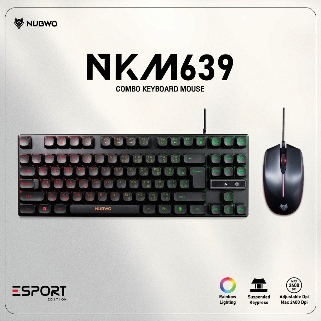 Nubwo คีย์บอร์ดและเมาส์แบบสาย มีไฟ RGB RUBBER DOME SWITCHES รุ่น  NKM-639 รับประกัน 1 ปี
