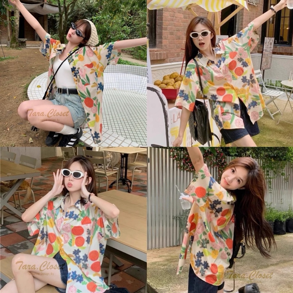 IT097 TARA  Shirt เสื้อเชิ้ต ลายดอกวินเทจ สงกรานต์ แขนสั้น มีกระเป๋าข้าง กระดุมหน้า เนื้อผ้าไหมอิตาลีอย่างดี