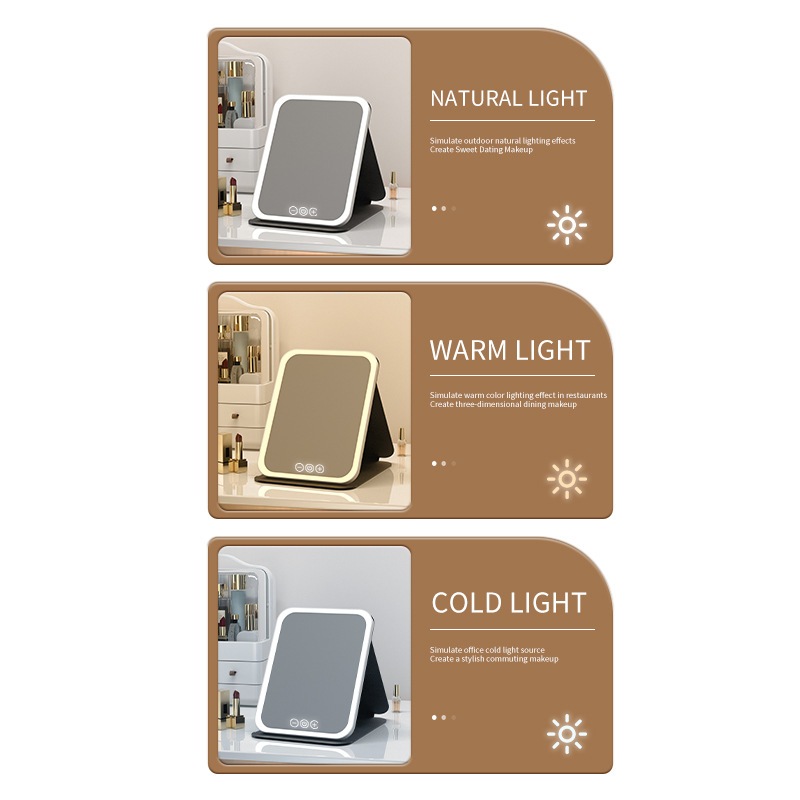 กระจกแต่งหน้า LED กระจกมีไฟ แสงไฟ3สี ชาร์จUSB กระจกแต่งหน้า ส่องหน้า แบบพกพา กระจก กระจกตั้งโต๊ะ รูปที่ 2