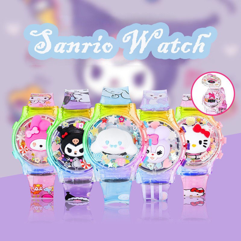 การ์ตูน นาฬิกาเด็ก Sanrio Kuromi Luminous Music นาฬิกาหมุนพลิกเด็กที่มีสีสันกระพริบนาฬิกา Led ของเล่นของขวัญวันเกิด Melo